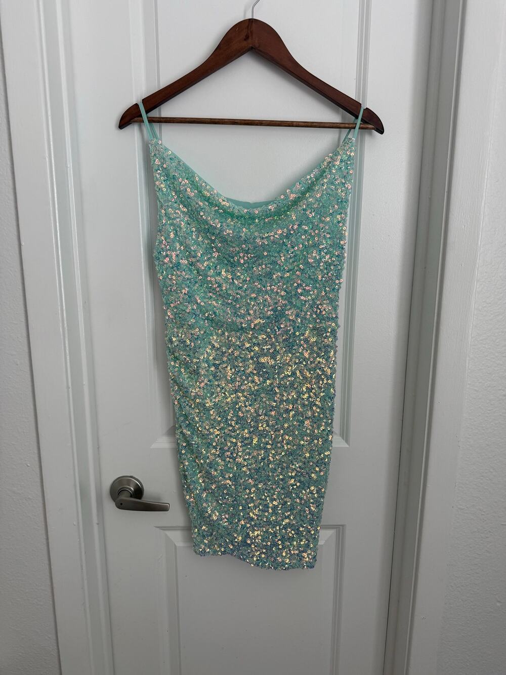 Mable Blue Sequin Cowl Neck Bodycon Mini Dress Glam Size Medium